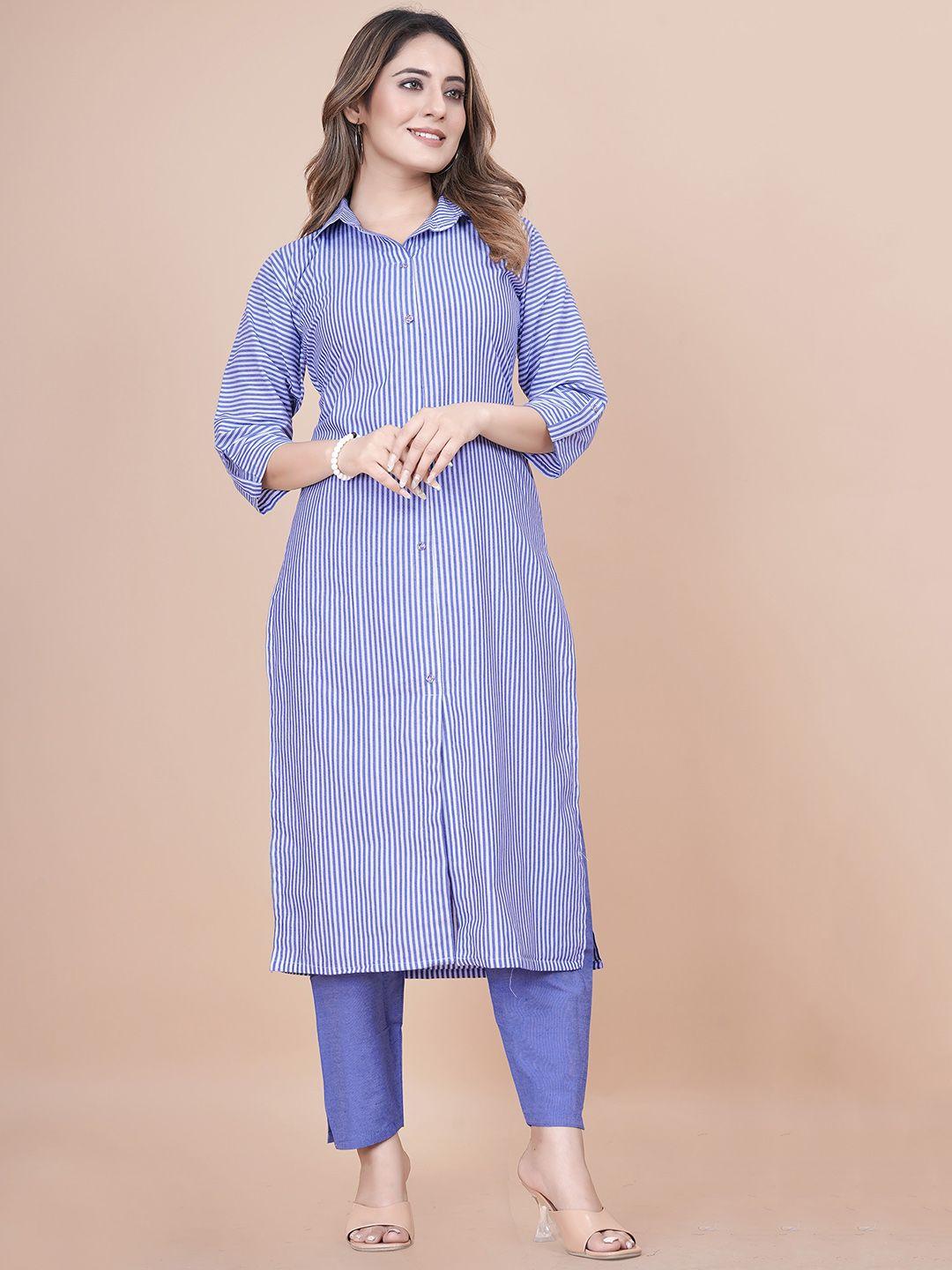 clothing junction striped shirt collar pure cotton kurta with trousers