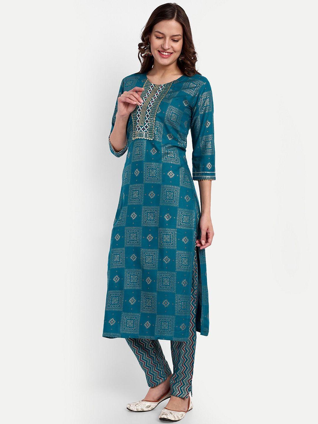 clothing junction women blue ethnic motifs embroidered regular sequinned kurta with trousers