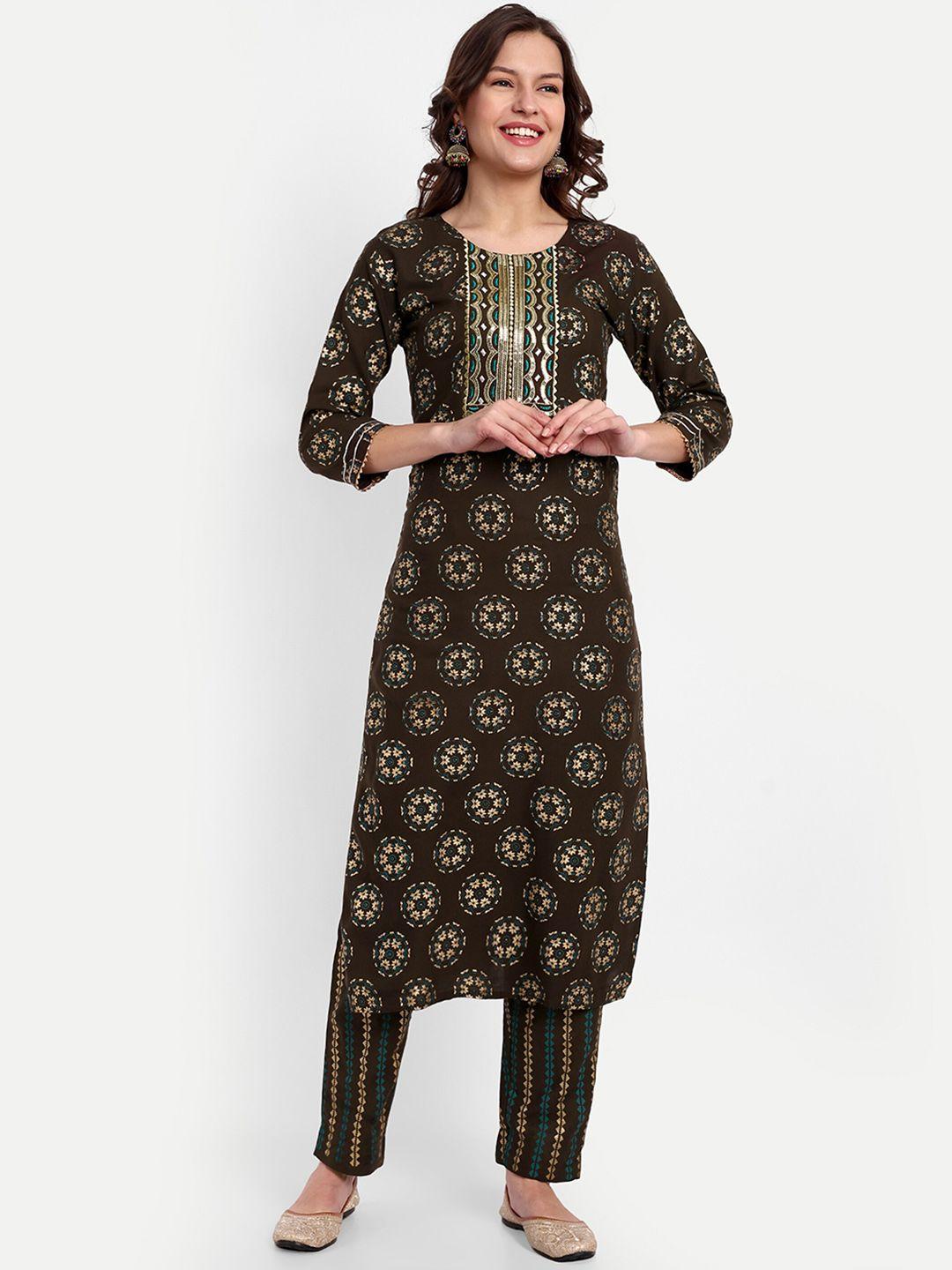 clothing junction women brown floral printed regular thread work kurta with trousers