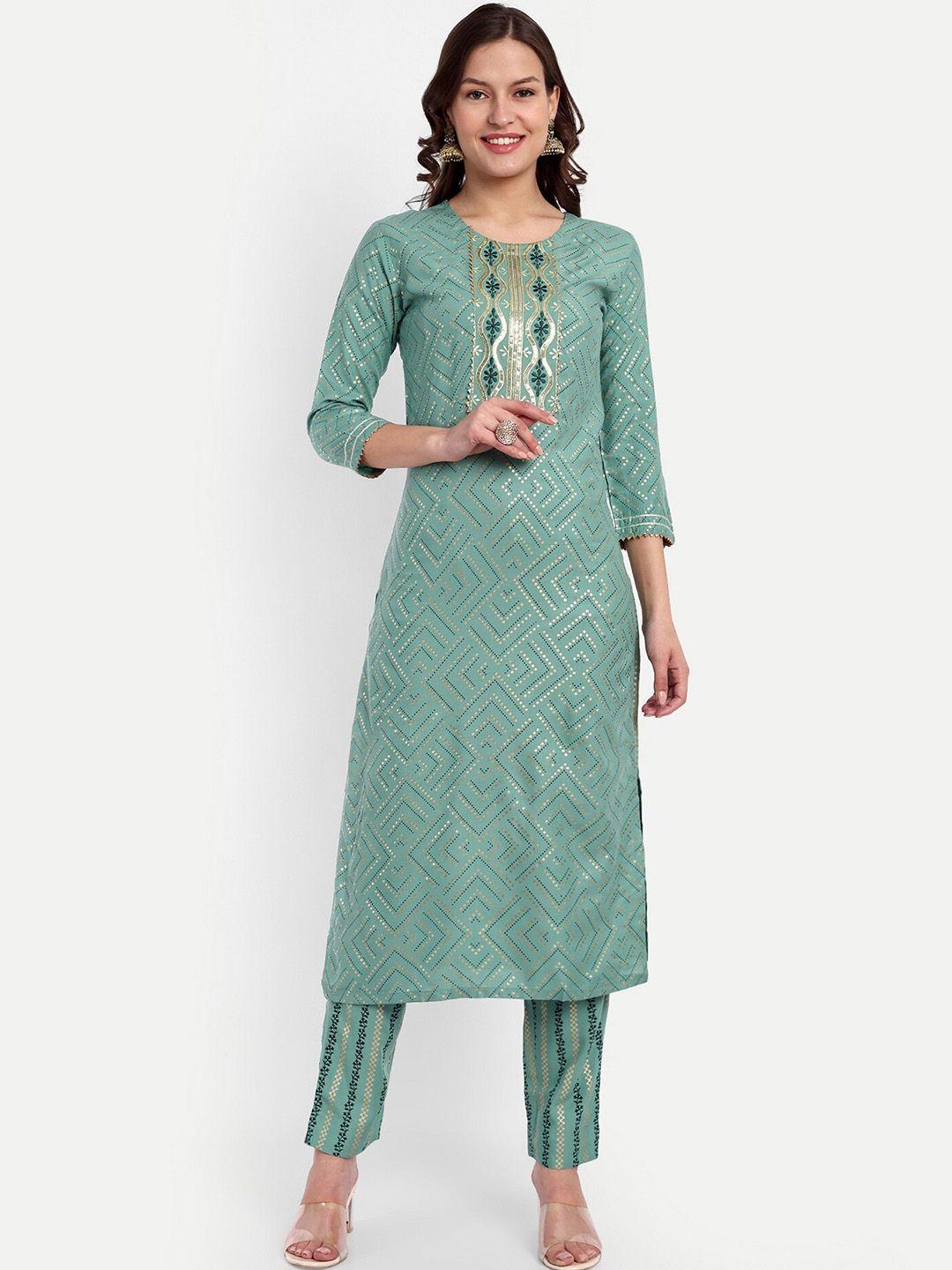 clothing junction women green embroidered regular sequinned kurta with trousers