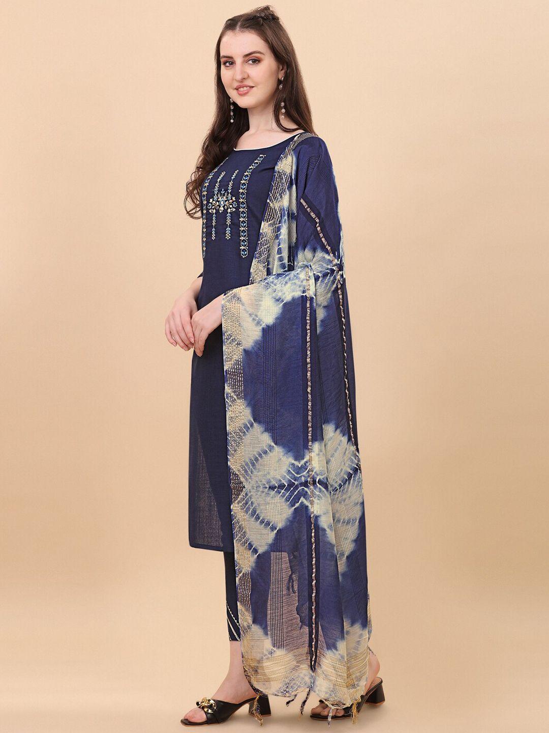 clothing junction women navy blue floral embroidered pure cotton kurta with sharara &