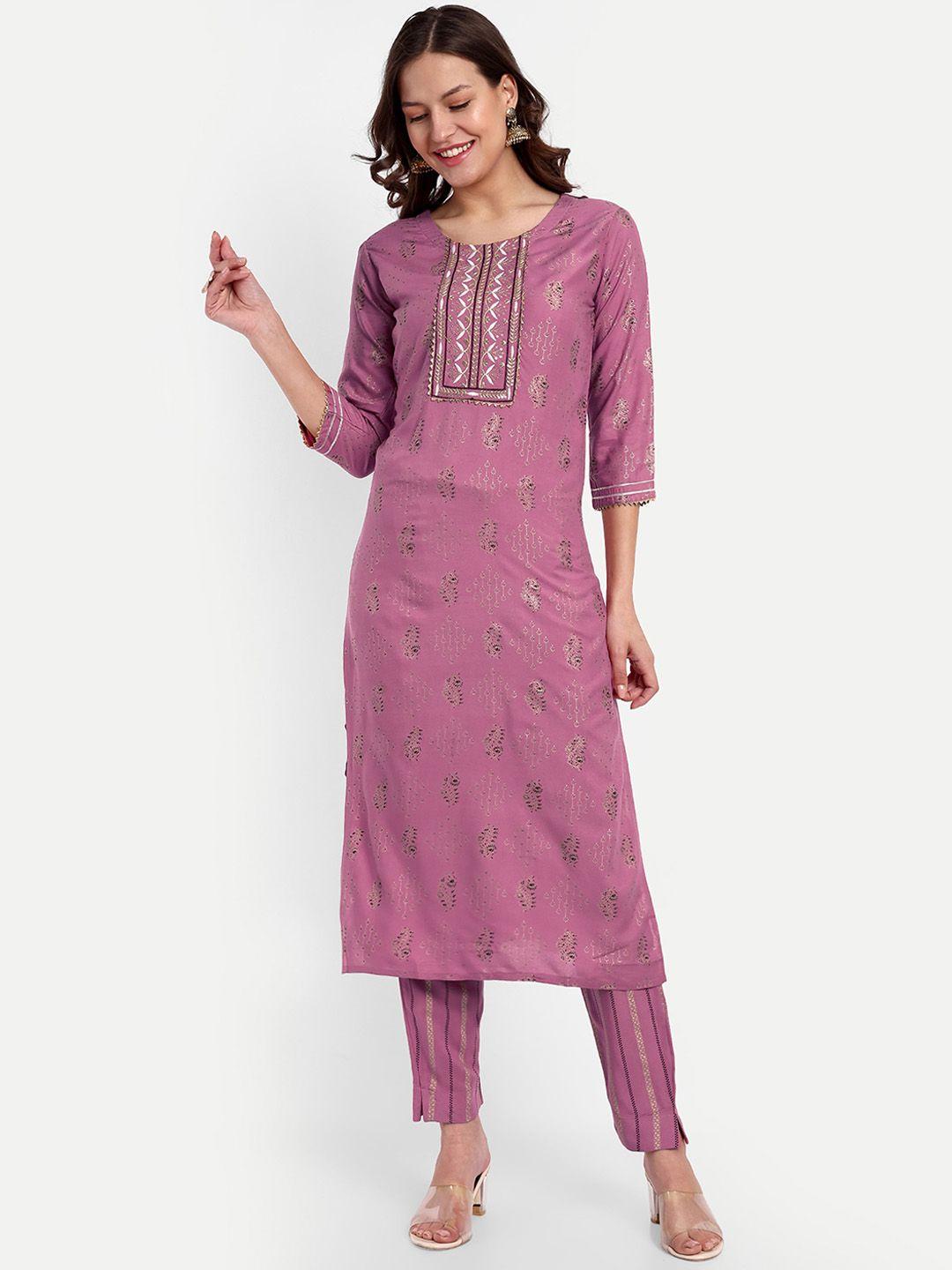 clothing junction women purple ethnic motifs embroidered regular sequinned kurta with trousers