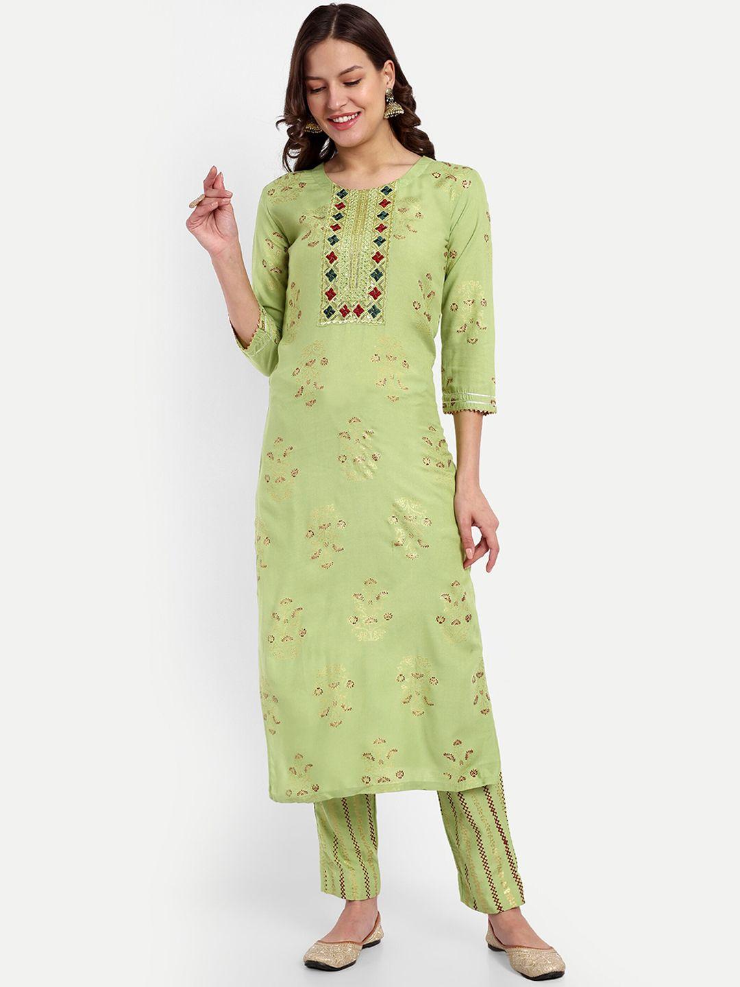 clothing junction women sea green ethnic motifs printed regular thread work kurta with trousers