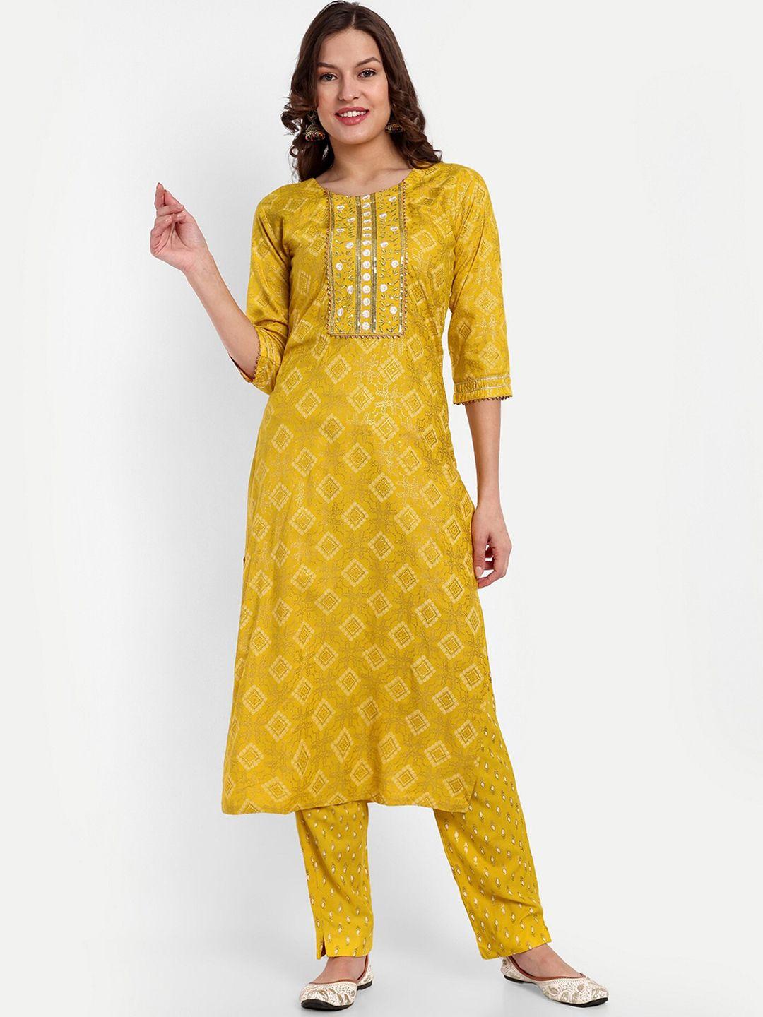 clothing junction women yellow embroidered regular sequinned kurta with trousers