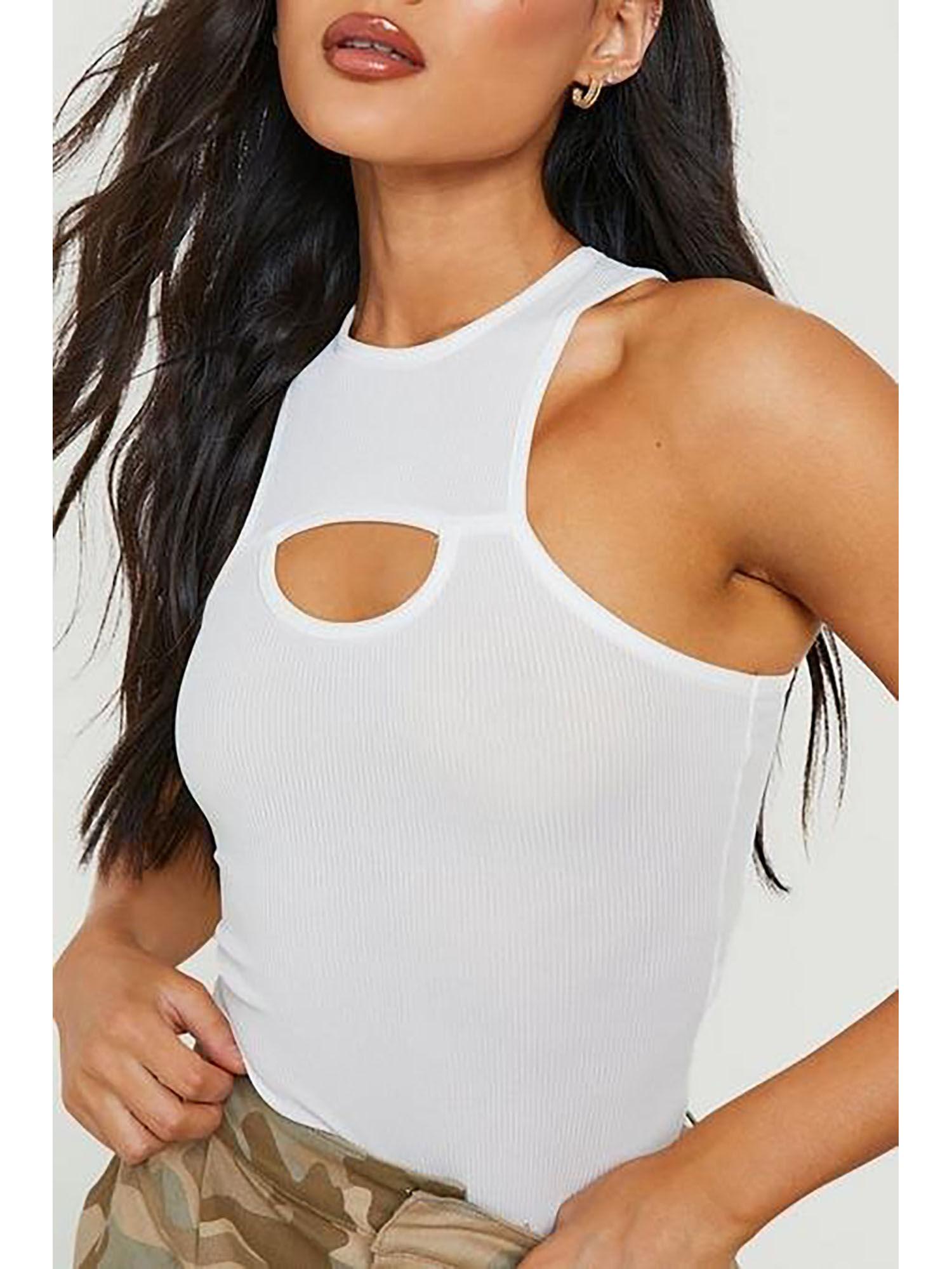 clothing racer neck cutout sleeveless bodysuit-white