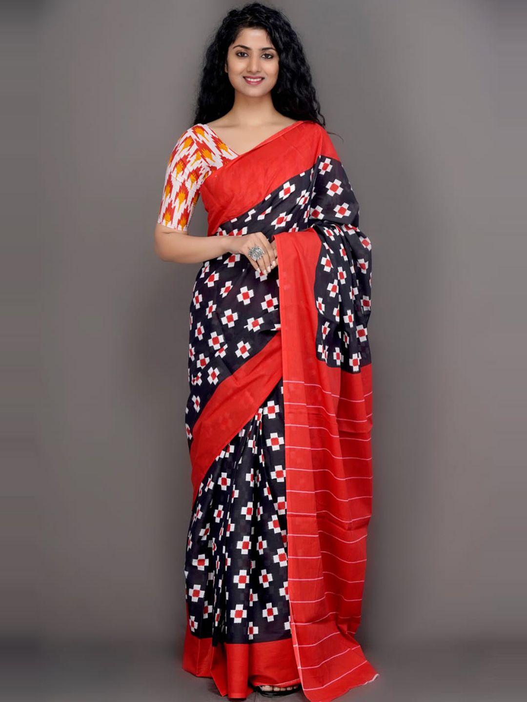 clothonus black & red pure cotton ikat saree