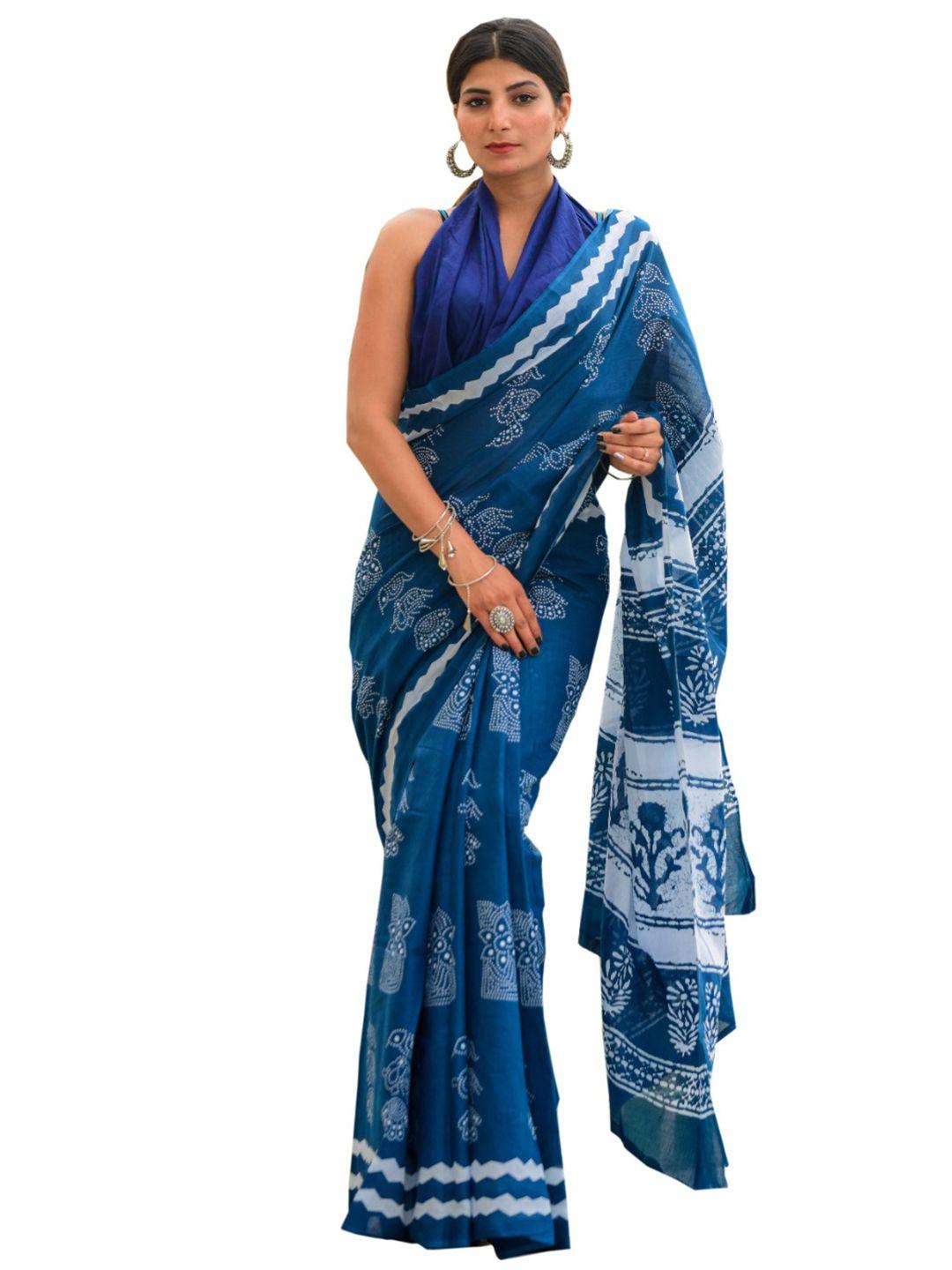 clothonus blue & white ethnic motifs pure cotton block print saree