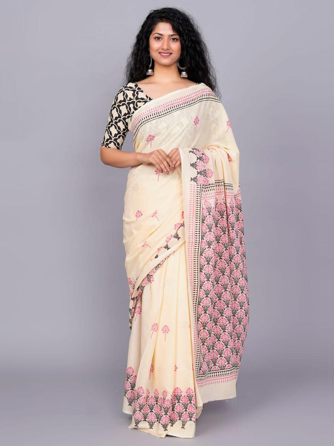 clothonus cream-coloured & pink ethnic motifs pure cotton ikat saree
