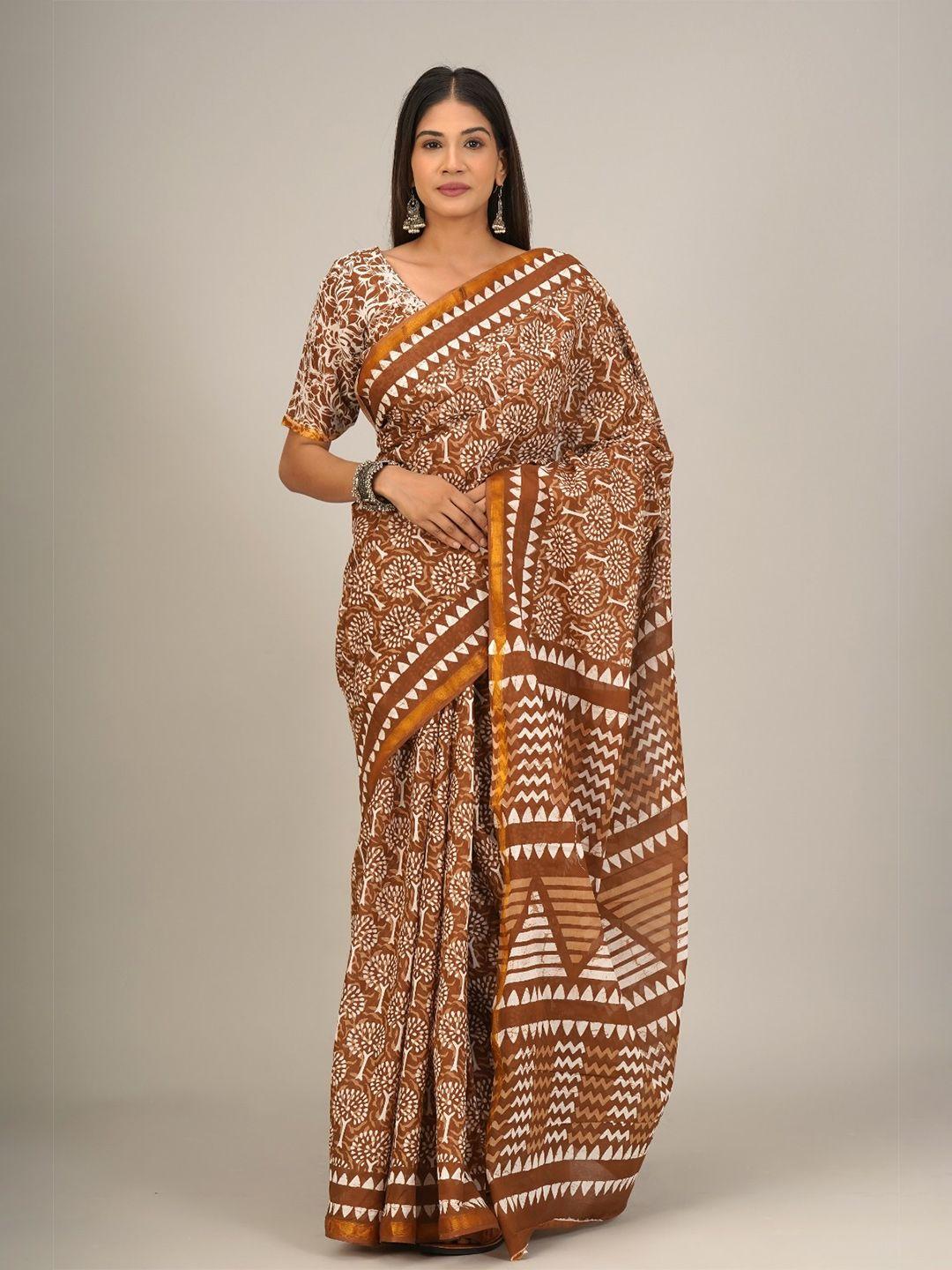 clothonus ethnic motifs printed zari pure cotton block print saree