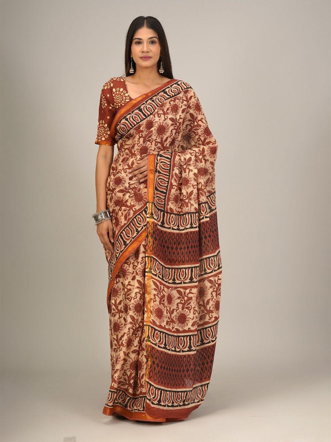 clothonus ethnic motifs printed zari pure cotton block print saree