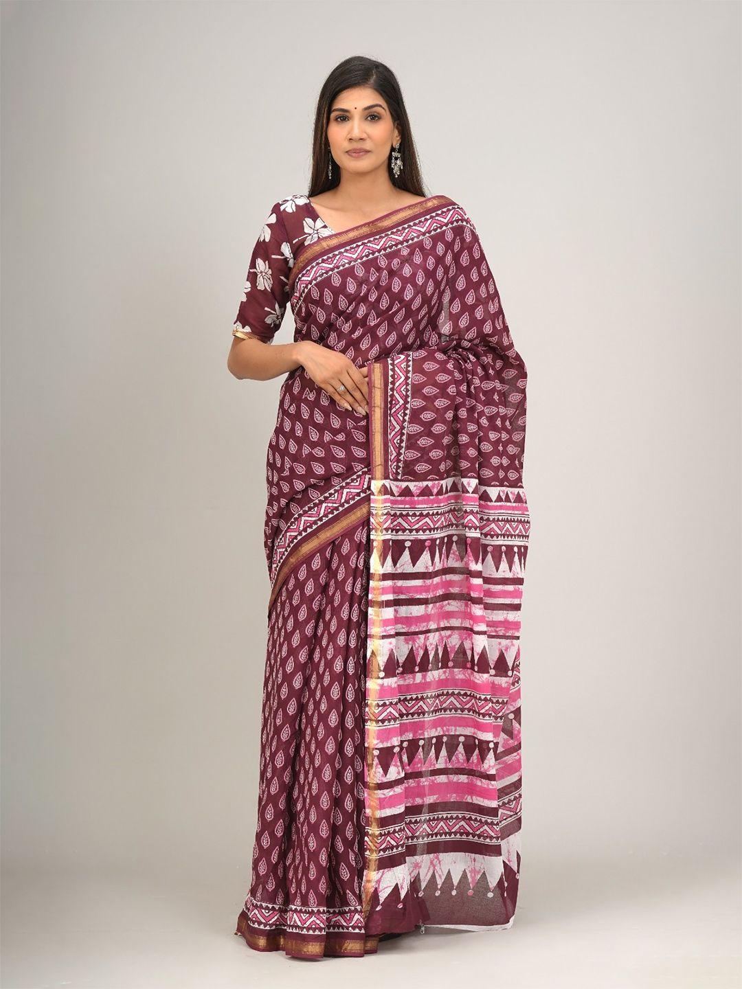 clothonus ethnic motifs printed zari pure cotton block print saree
