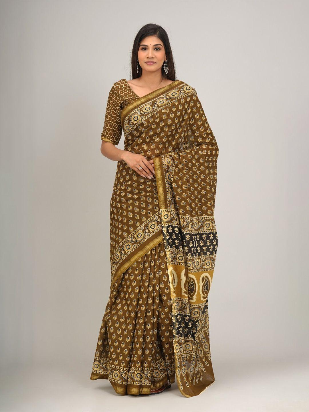 clothonus ethnic motifs printed zari pure cotton block print saree