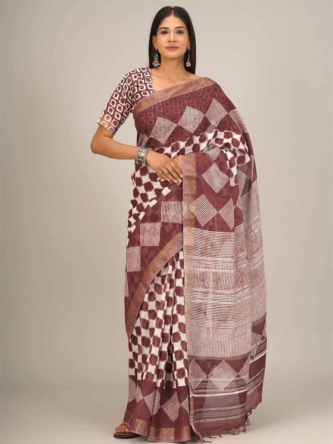 clothonus ethnic motifs zari linen blend block print saree