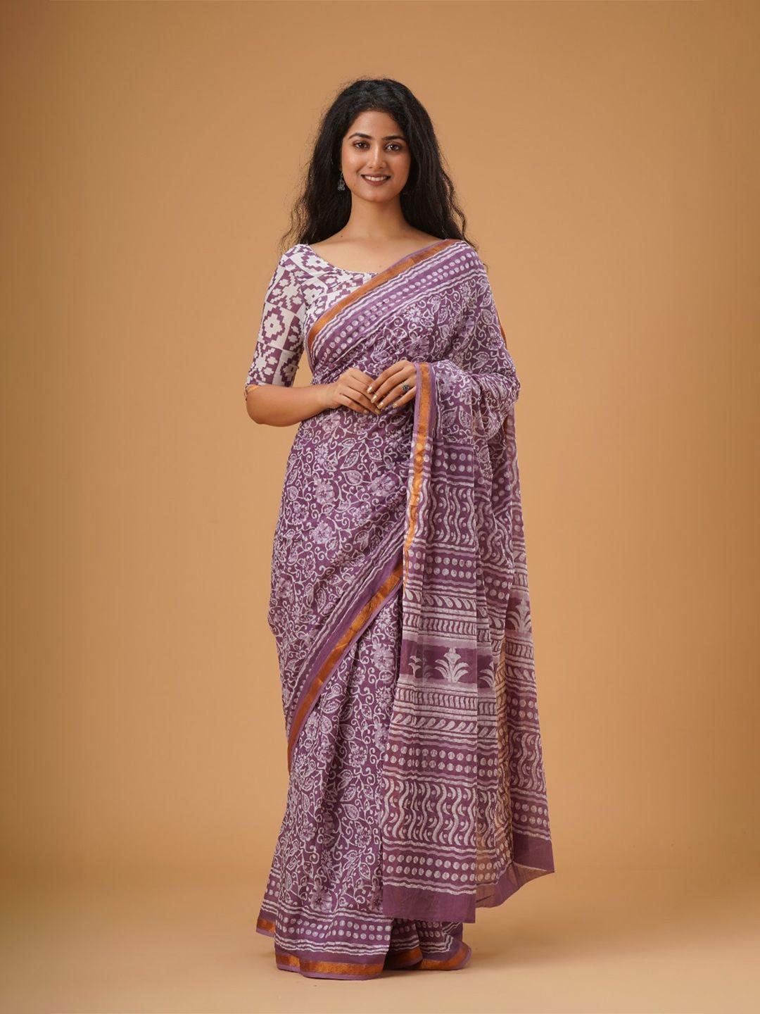 clothonus ethnic motifs zari pure cotton block print saree