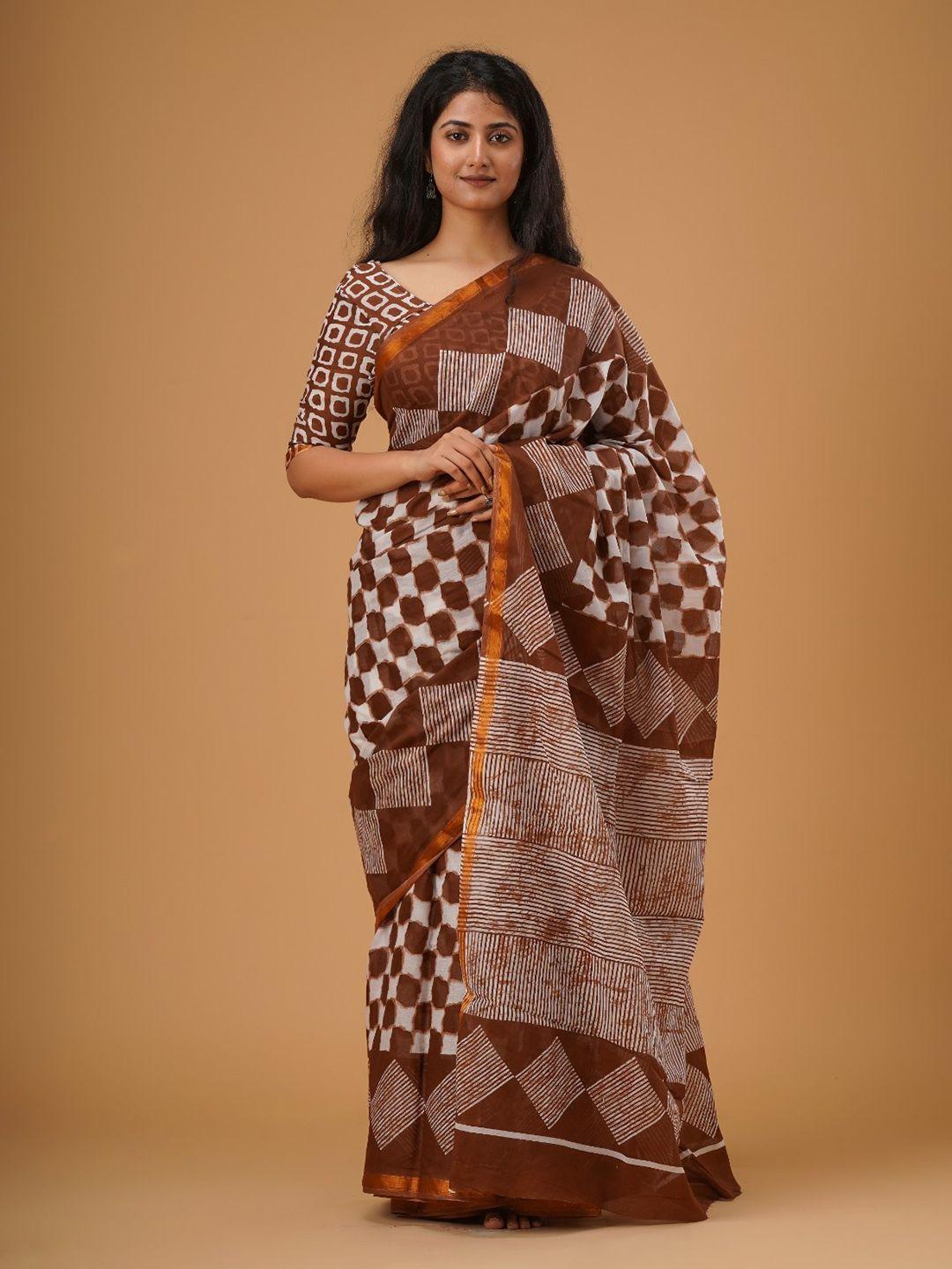 clothonus geometric printed zari pure cotton block print saree