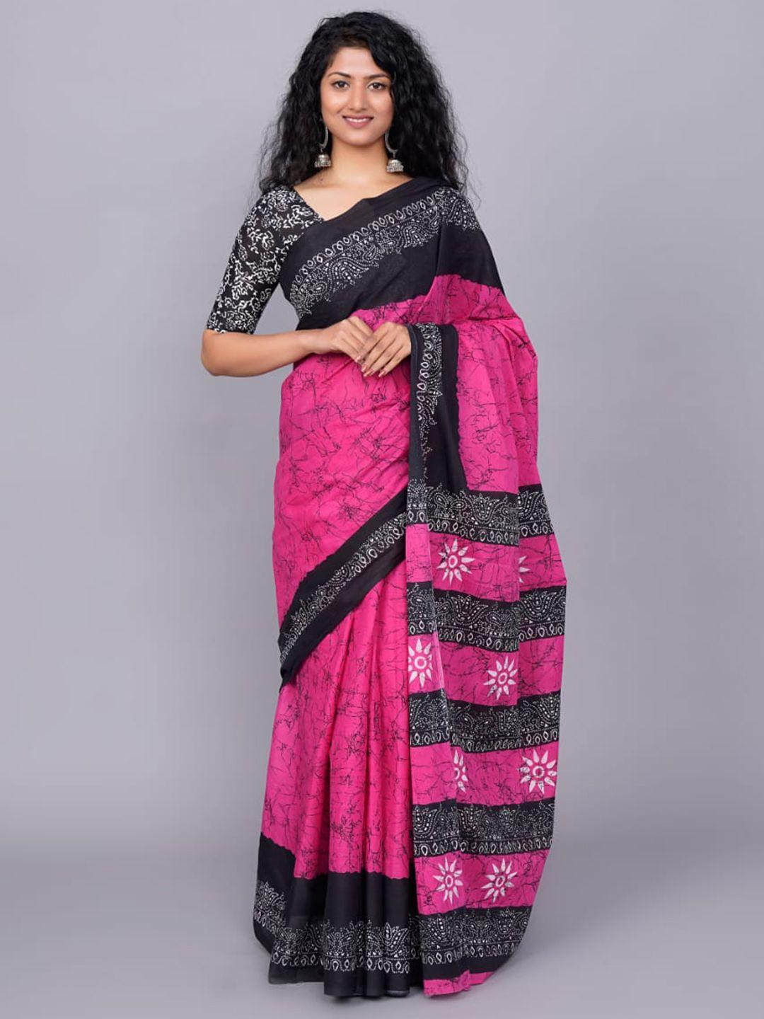 clothonus pink & black pure cotton ikat saree