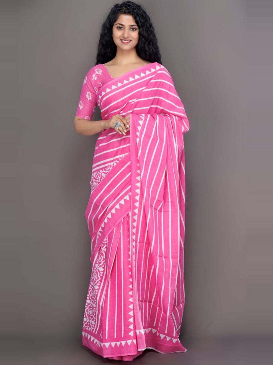 clothonus pink & white striped pure cotton ikat saree
