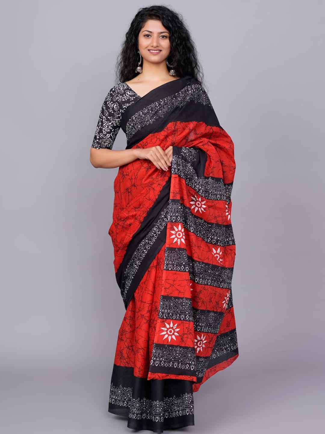 clothonus red & black pure cotton block print saree