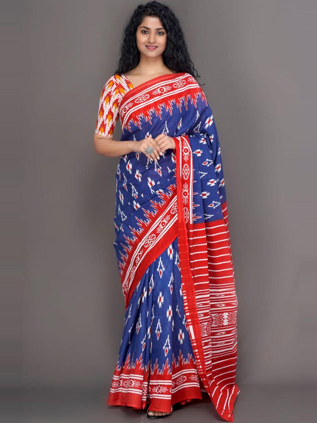 clothonus red & blue pure cotton block print saree