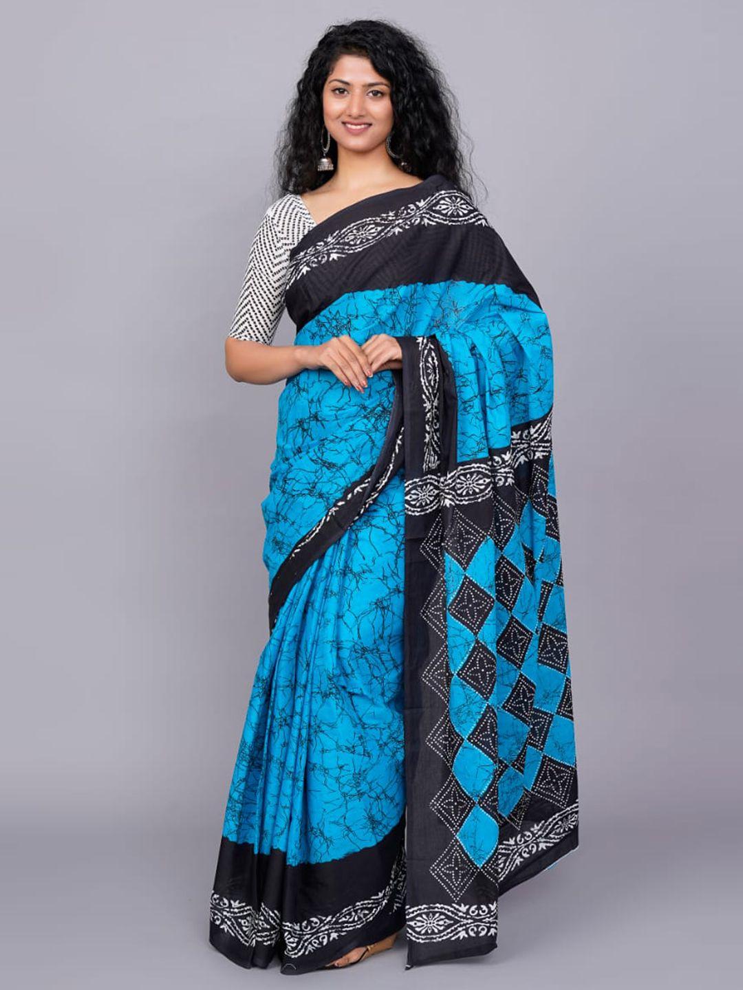 clothonus turquoise blue & black batik pure cotton block print saree