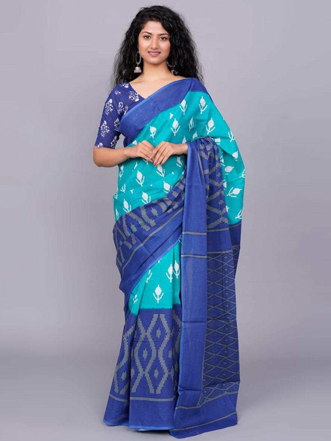 clothonus turquoise blue & white ethnic motifs jaali pure cotton block print saree