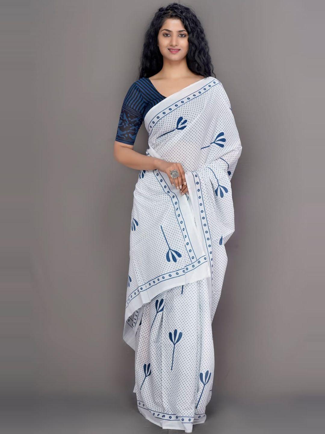 clothonus white & blue ethnic motifs pure cotton block print saree