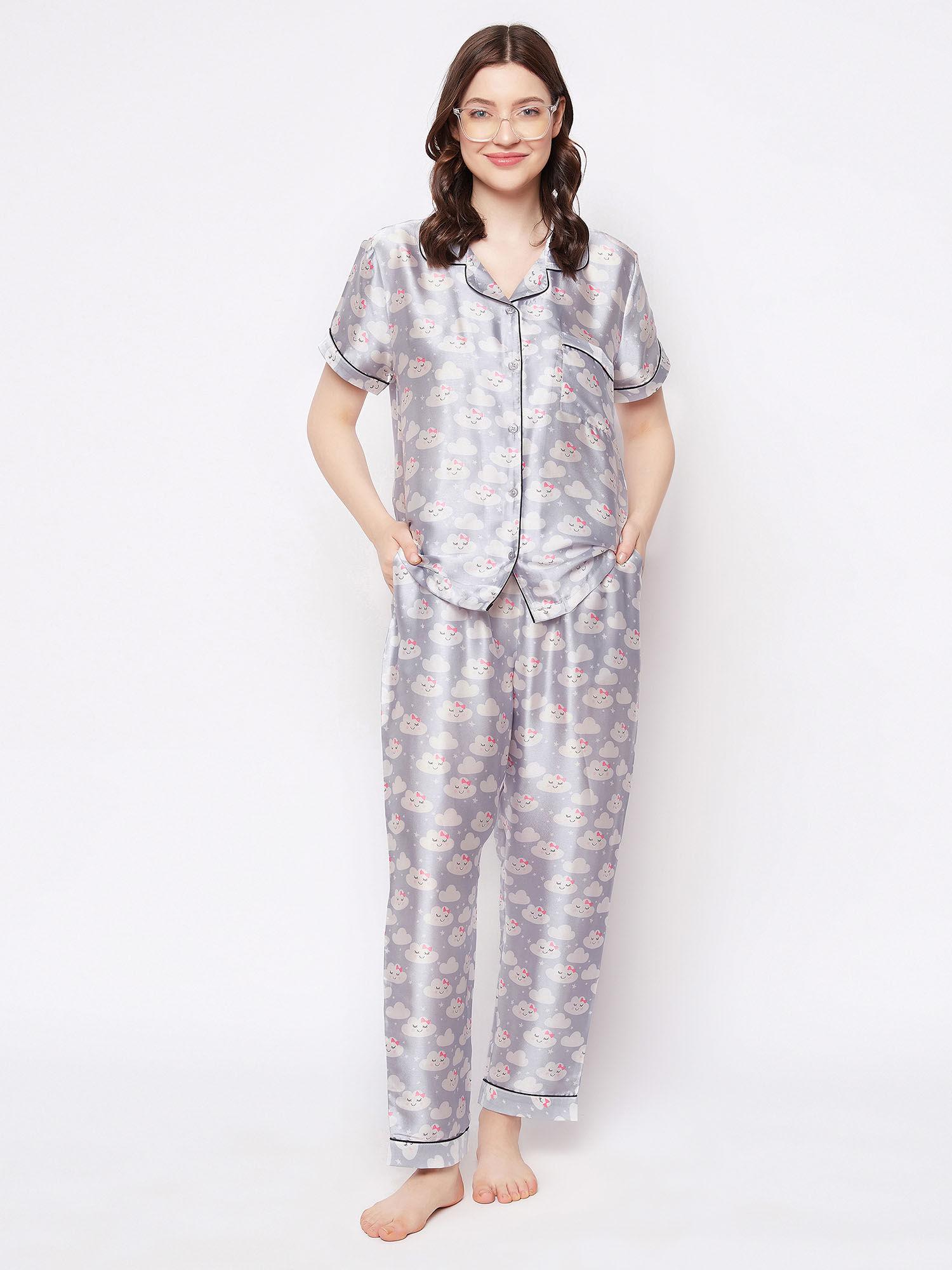cloud print button down shirt & pyjama set in light grey - satin (set of 2)
