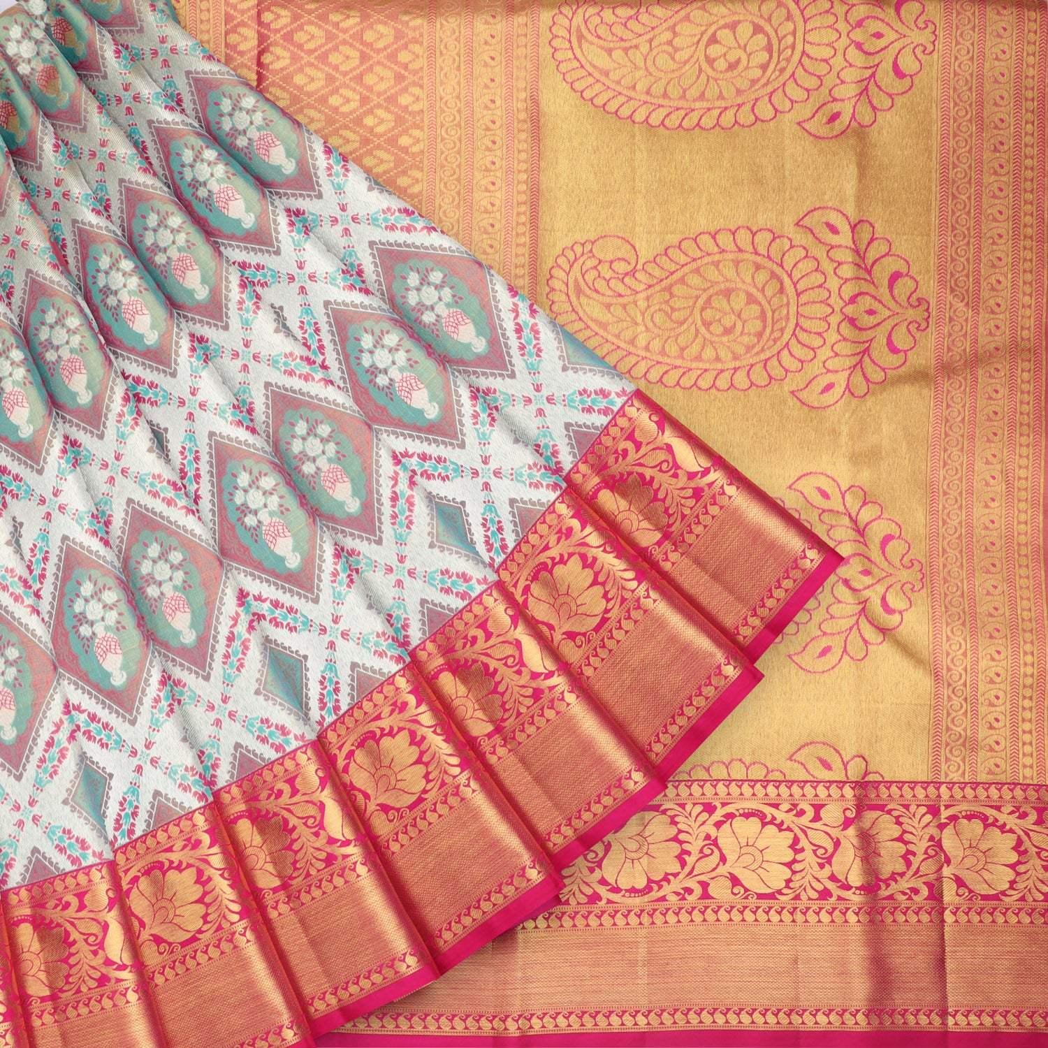 cloud white kanjivaram silk saree with floral motif pattern