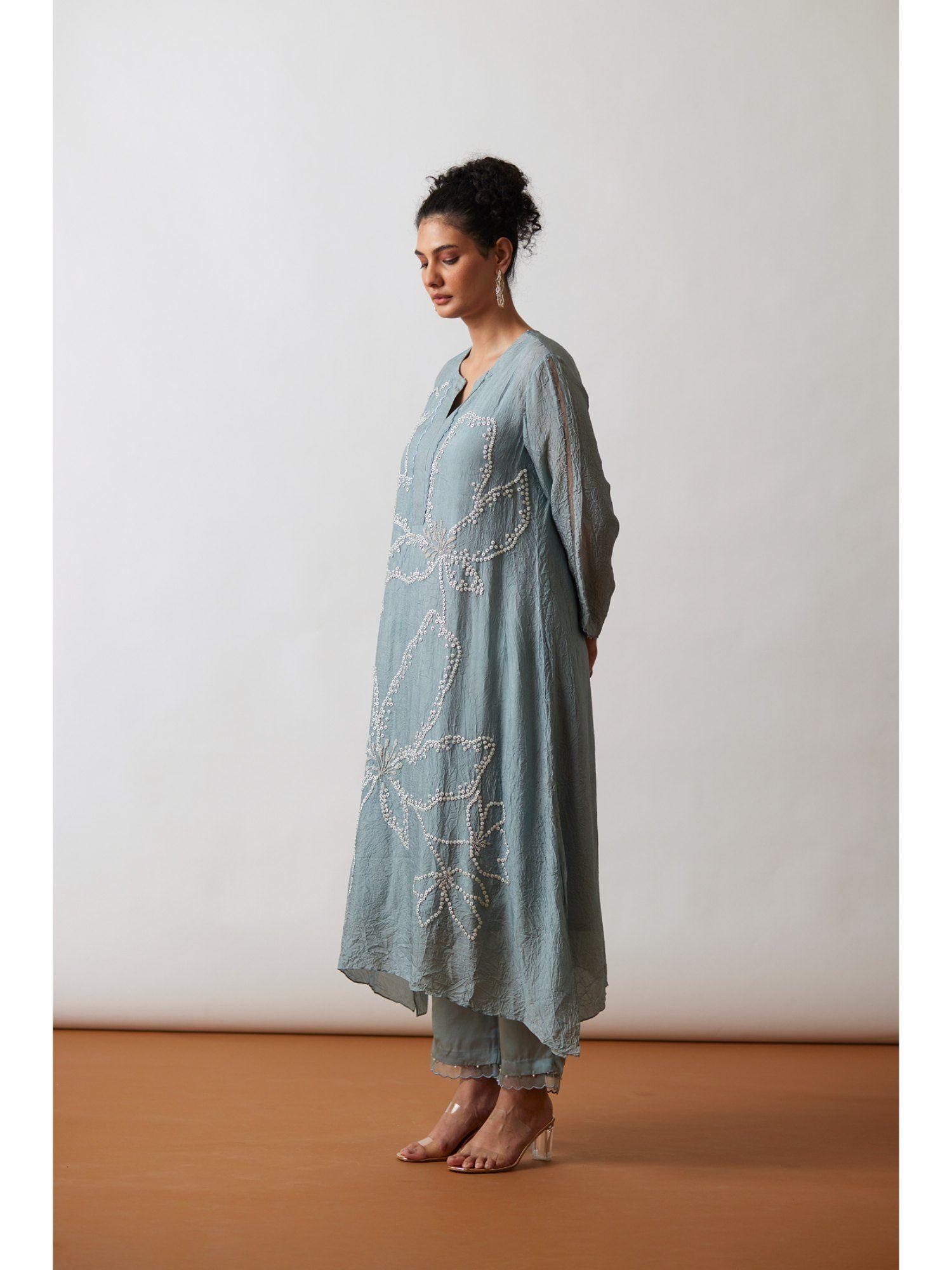 cloud blue crushed silk floral embroidery kurta & pant (set of 2)