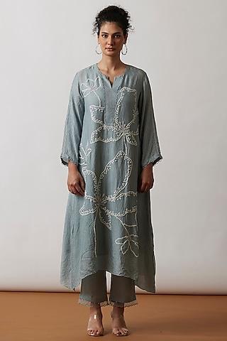 cloud blue viscose silk embroidered kurta set