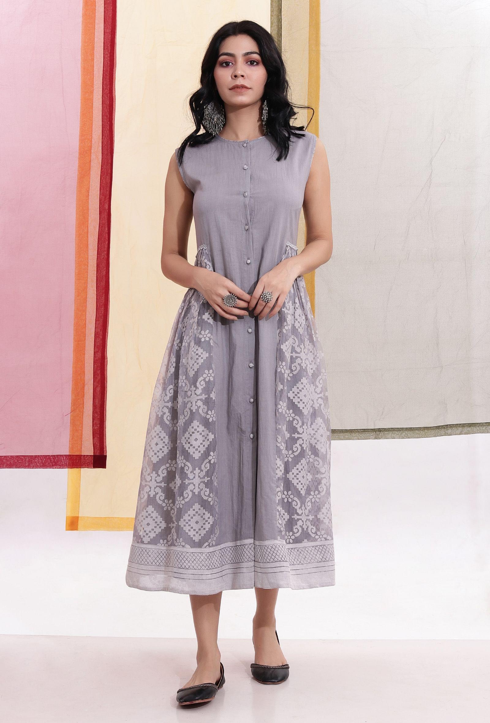 cloud grey cotton & sheer brasso organza flared dress