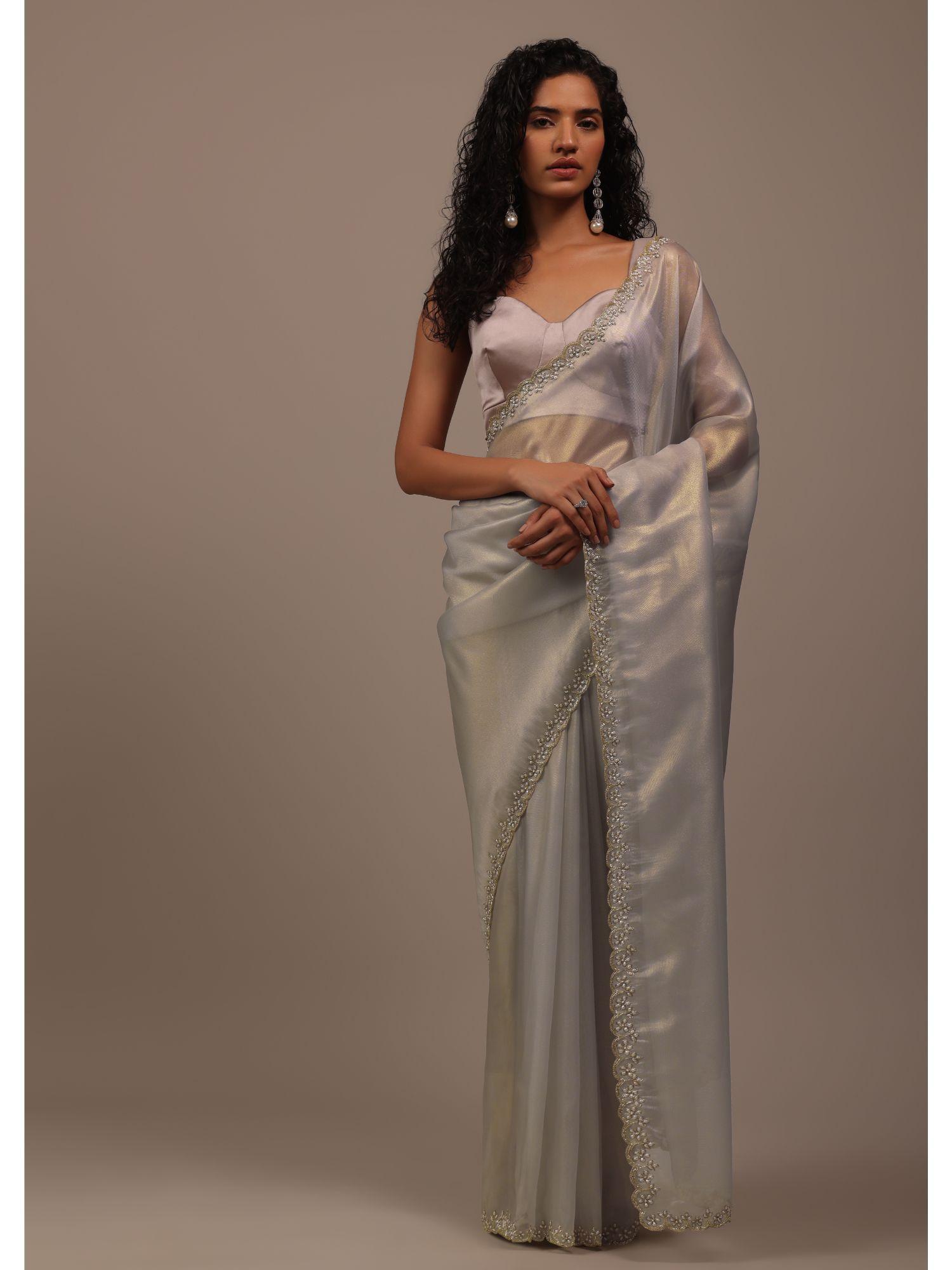 cloud grey foil saree in tissue with cut dana embroidered borders with unstitched blouse