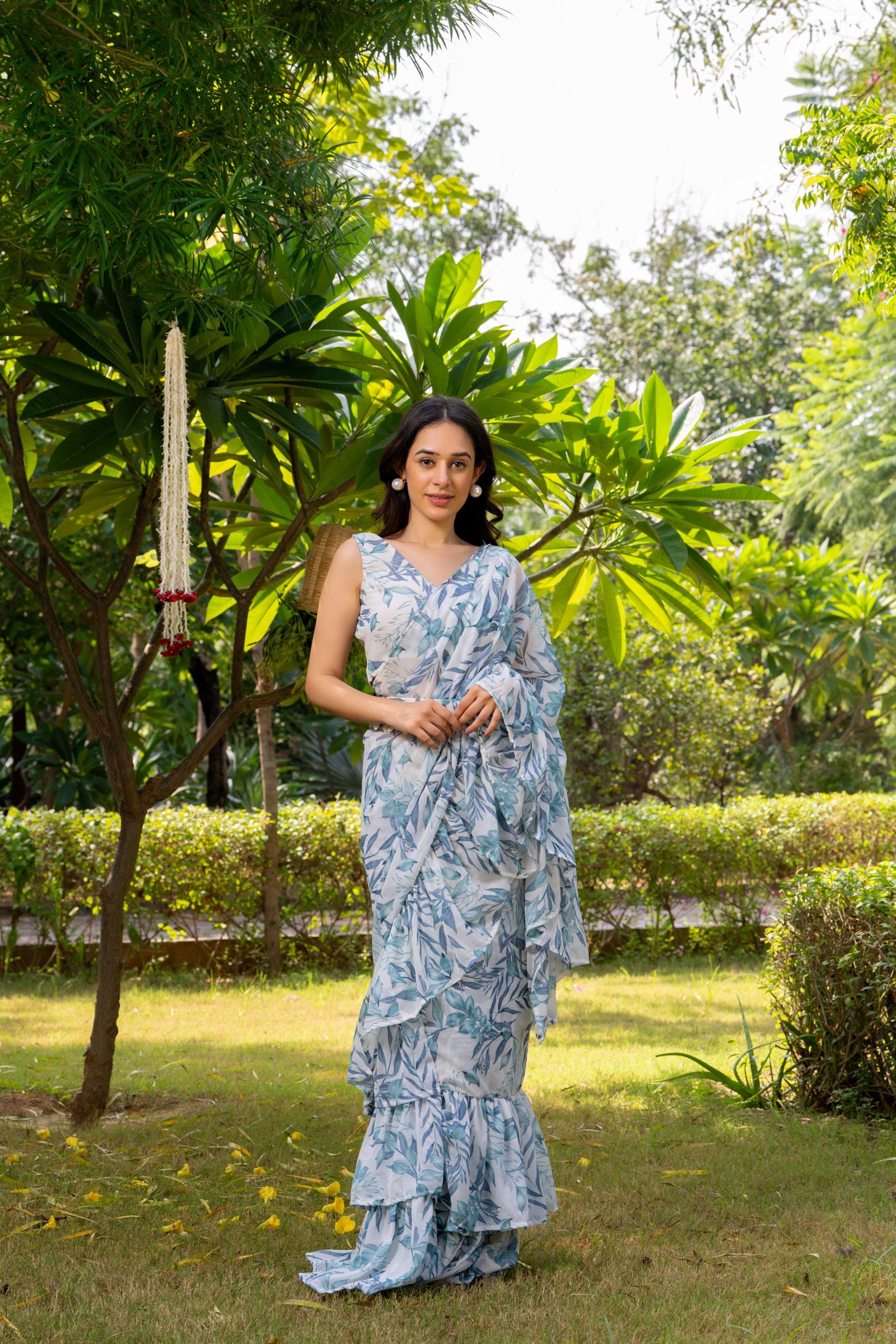 cloudburst ruffle saree with stitched blouse