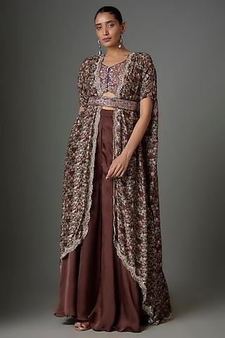 clove mul silk & crepe printed cape set