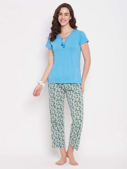 clovia blue & green cotton floral print top pyjamas set