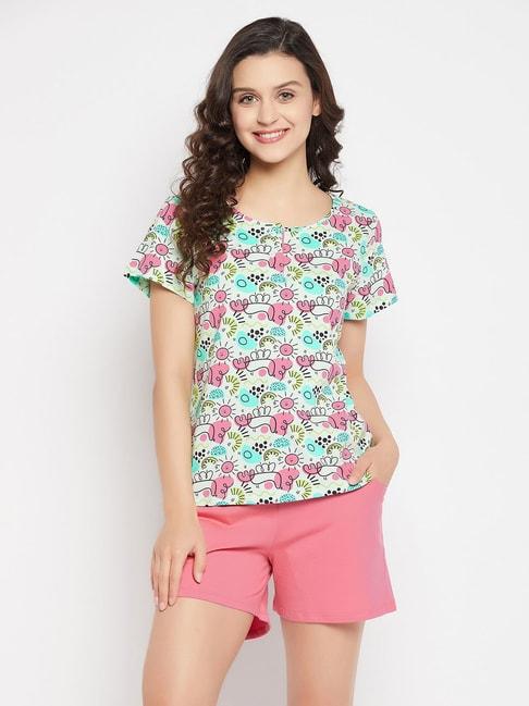 clovia blue & pink cotton printed t-shirt with shorts