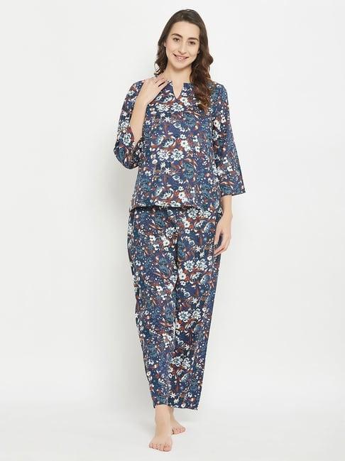 clovia blue cotton floral print top pyjama set