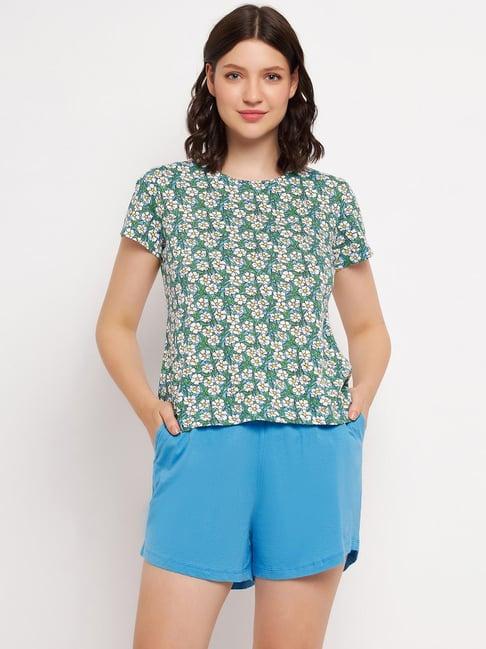 clovia blue cotton printed top shorts set