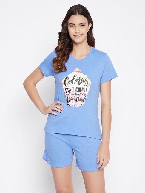 clovia blue graphic print top with shorts