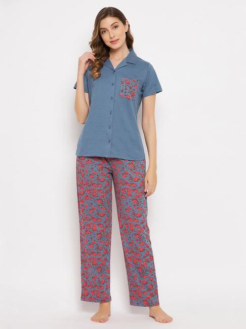 clovia blue printed cotton shirt with pyjamas
