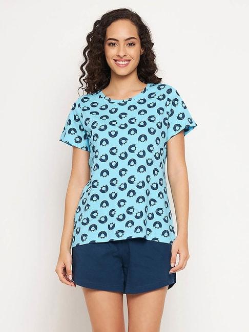 clovia blue printed t-shirt with shorts