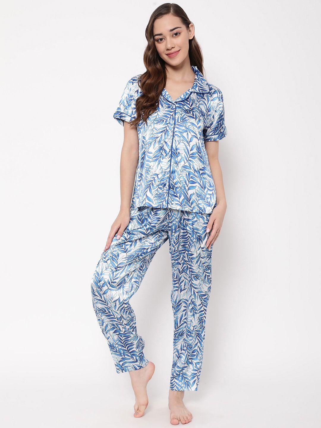 clovia floral printed lapel collar top with trouser night suit