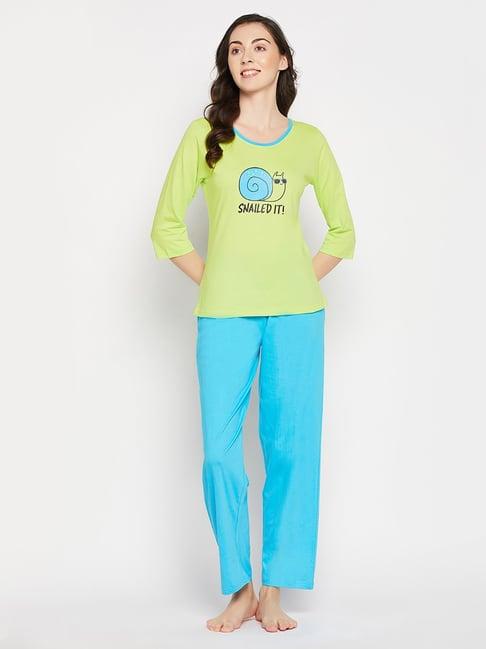 clovia green & blue printed top with pyjamas