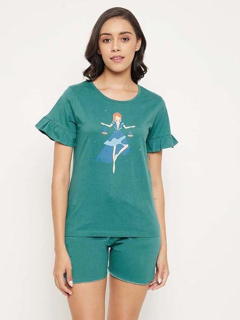 clovia green graphic print top with shorts