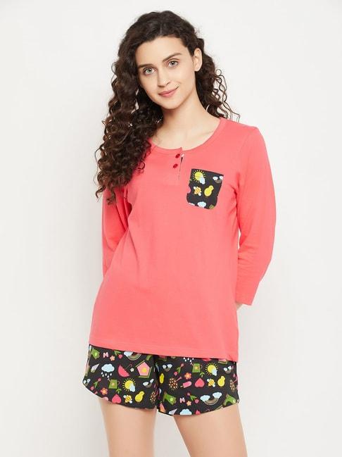 clovia pink & black cotton printed top with shorts