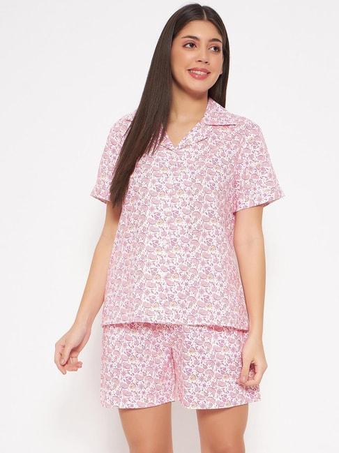 clovia pink cotton printed shirt shorts set