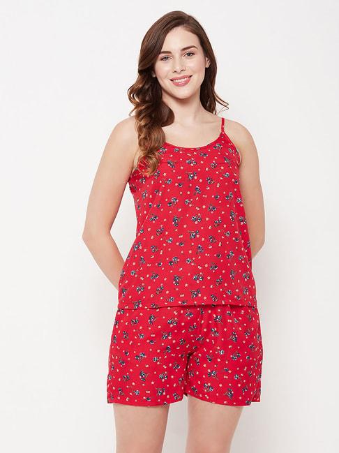 clovia red floral print cami top with shorts