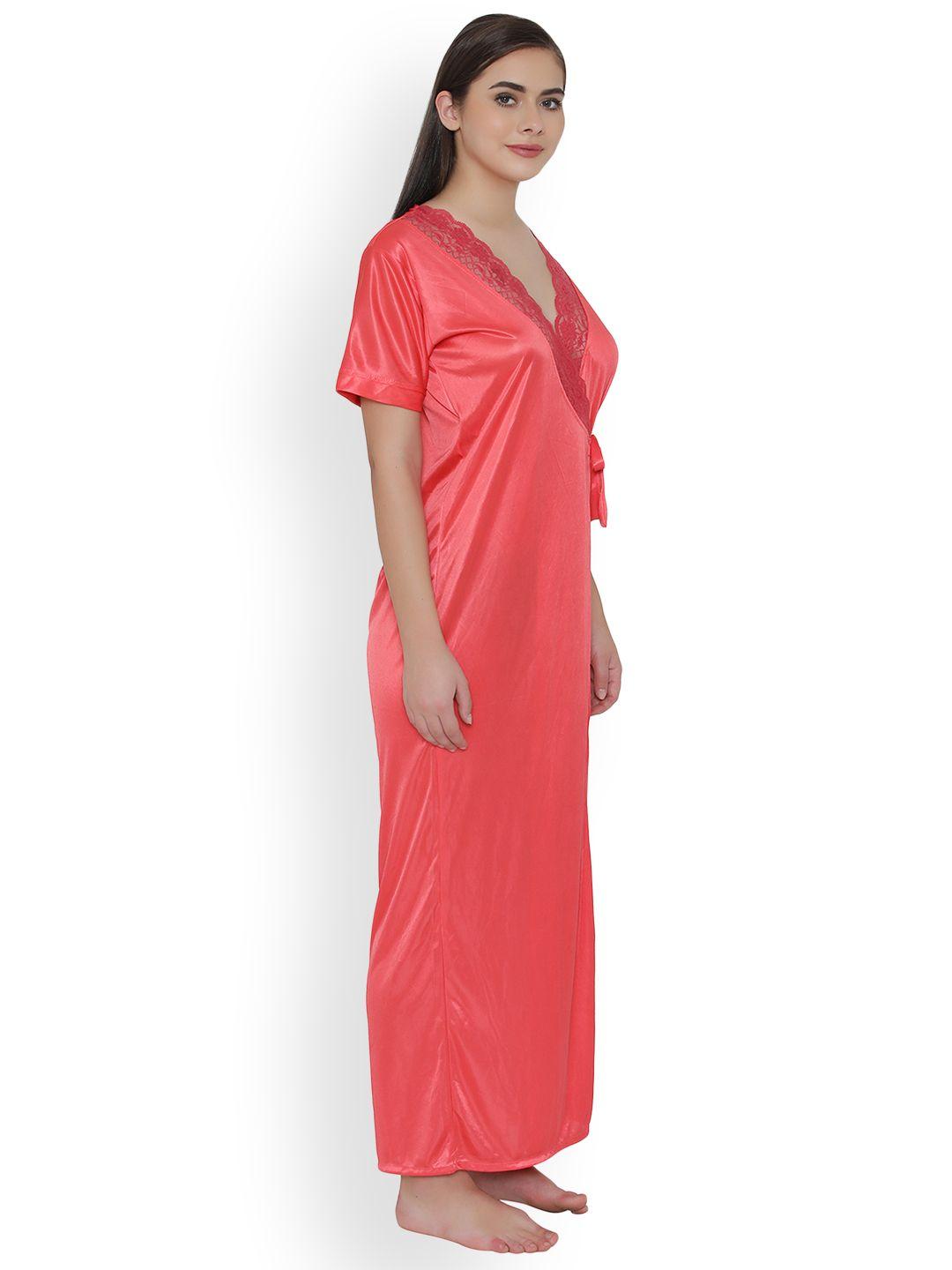 clovia women coral pink solid maxi-length satin robe nsm283p23