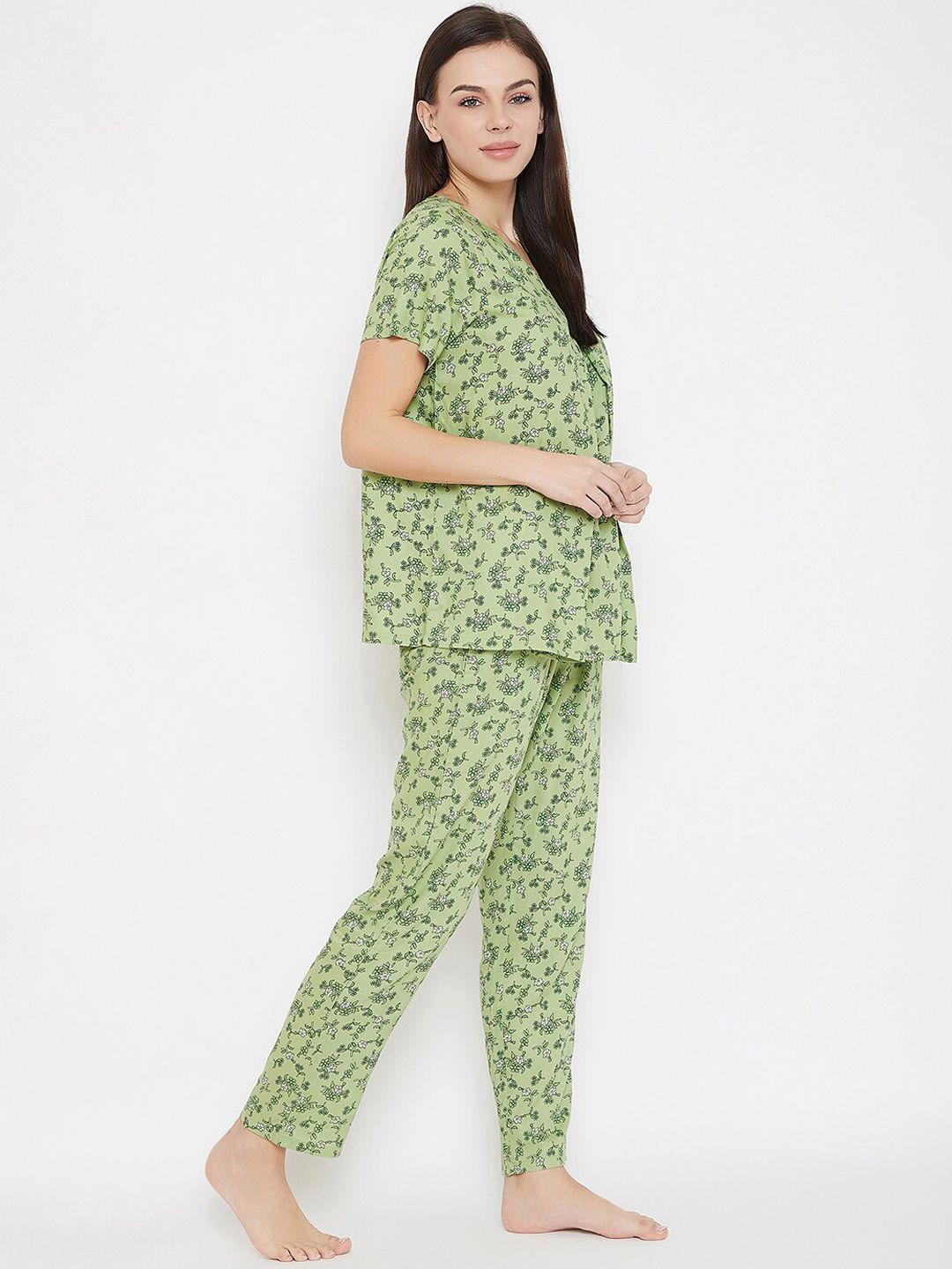 clovia women green & white floral printed maternity night suit