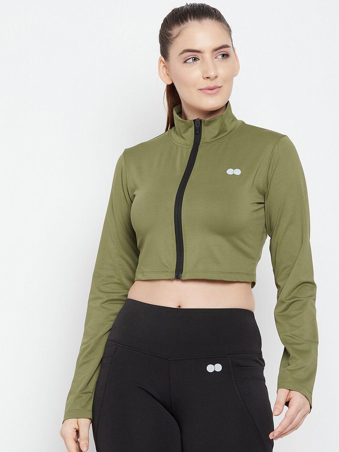 clovia women green solid crop training or gym open front jacket